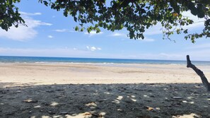 A beach with a clear sky, calm sea, and scattered debris on the sand.