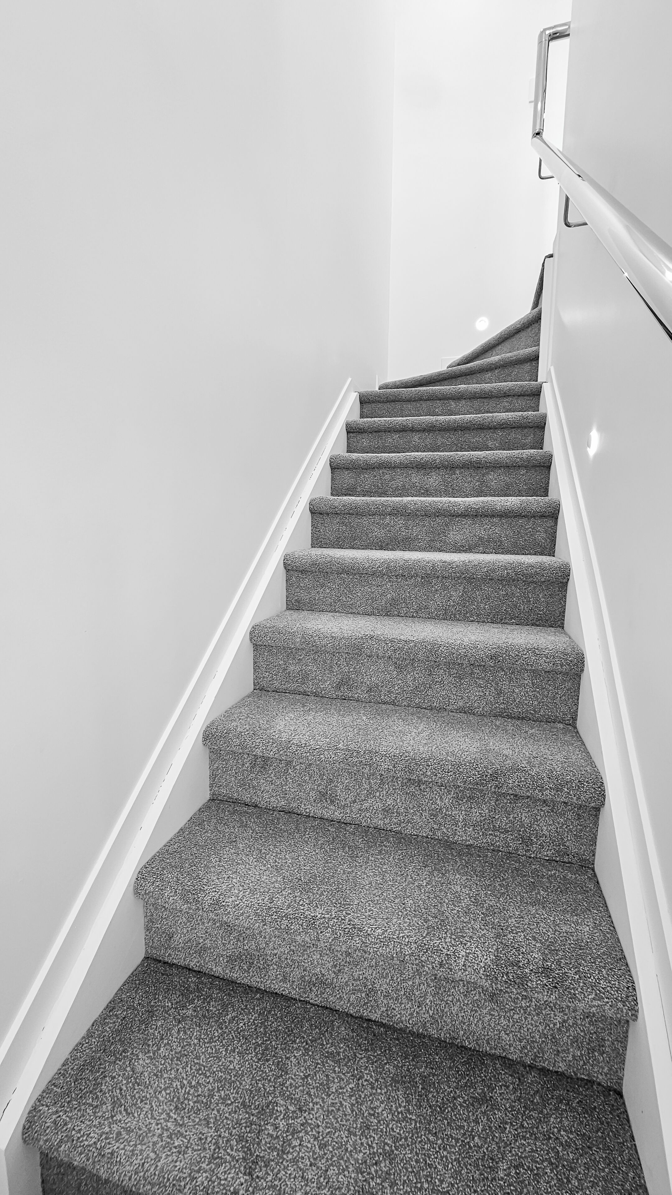 A staircase with carpeted steps and a metal handrail.