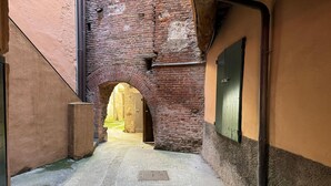 En smal gränd med en tegelbåge som leder in till en innergård.