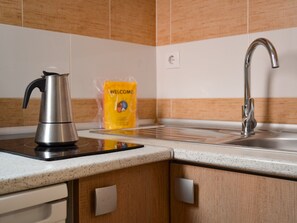 Una cucina con un bollitore in acciaio inossidabile su un piano cottura a induzione, un lavello con un rubinetto moderno e un tappetino di benvenuto sul pavimento.