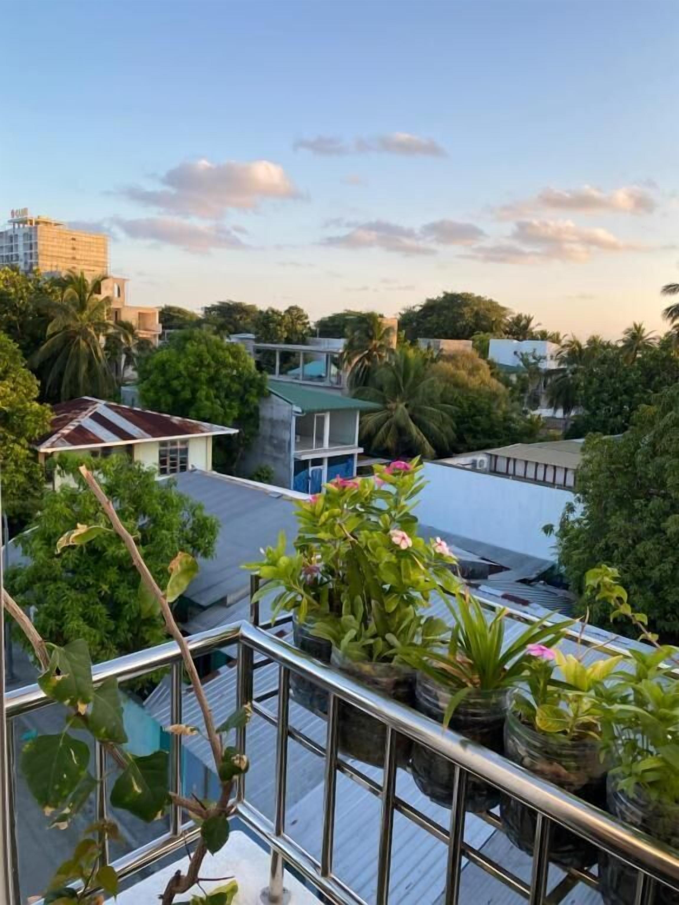 A residential area with a balcony, potted plants, and a view of neighboring buildings.