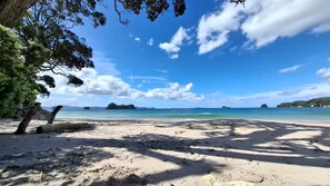 A beach with clear skies, calm water, and distant islands.