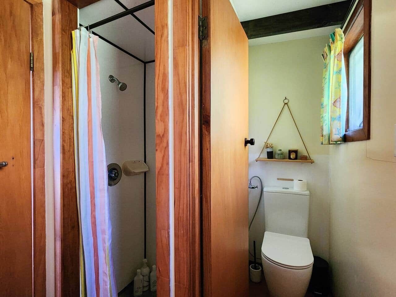Casa de banho com chuveiro, sanita e um armário com artigos de higiene pessoal.
