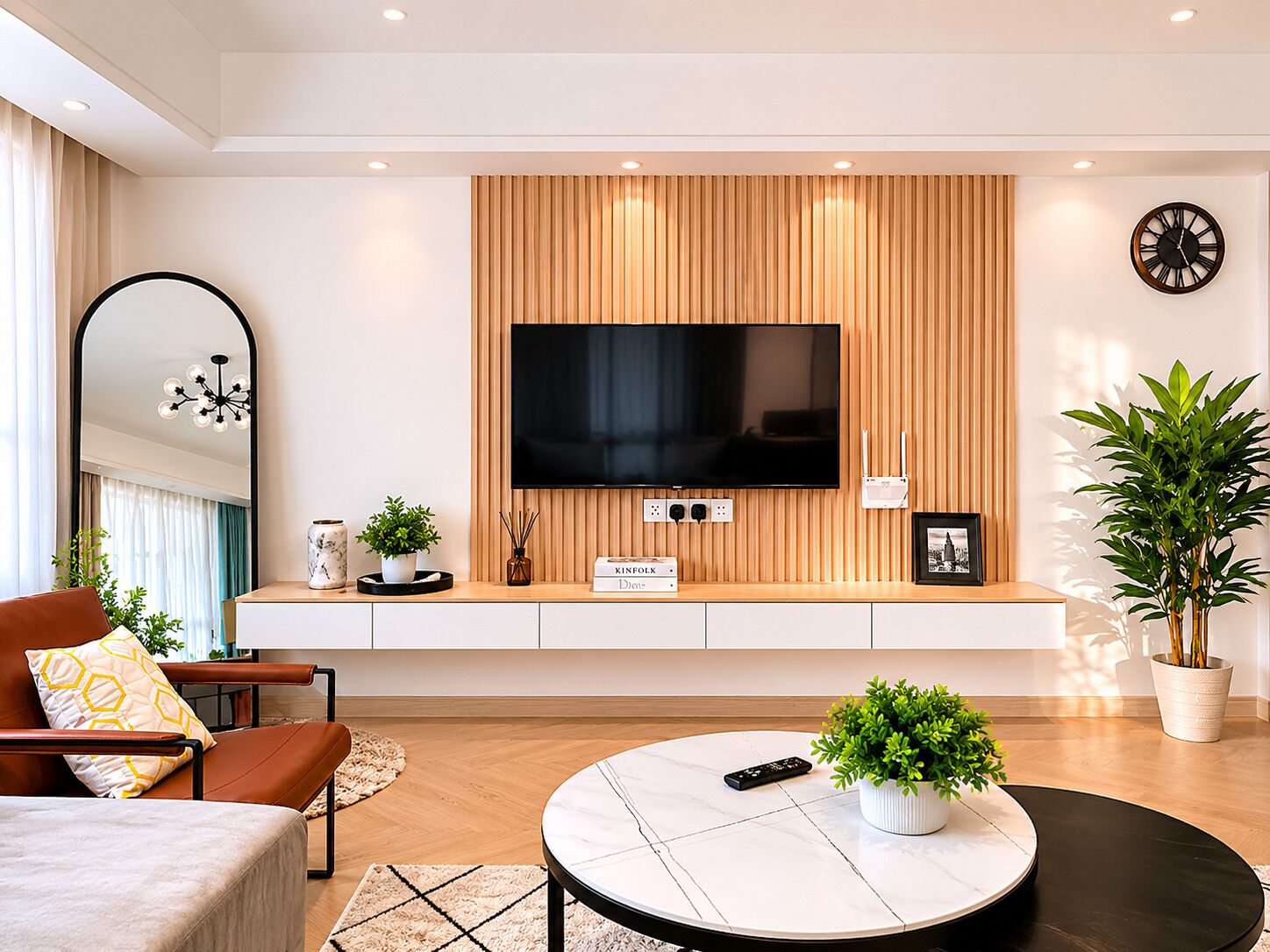 A modern living room with a large flat-screen TV mounted on a wooden panel wall, a round coffee table with a remote control, a brown leather sofa, and a potted plant.