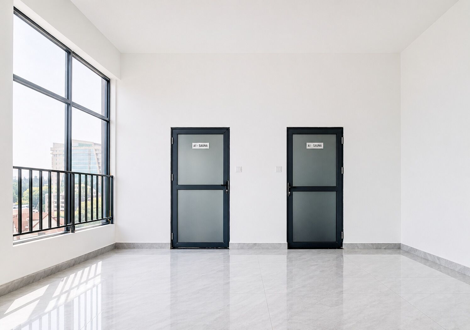A room with two doors labeled 'A1 - SAUNA' and a large window with a view of buildings.
