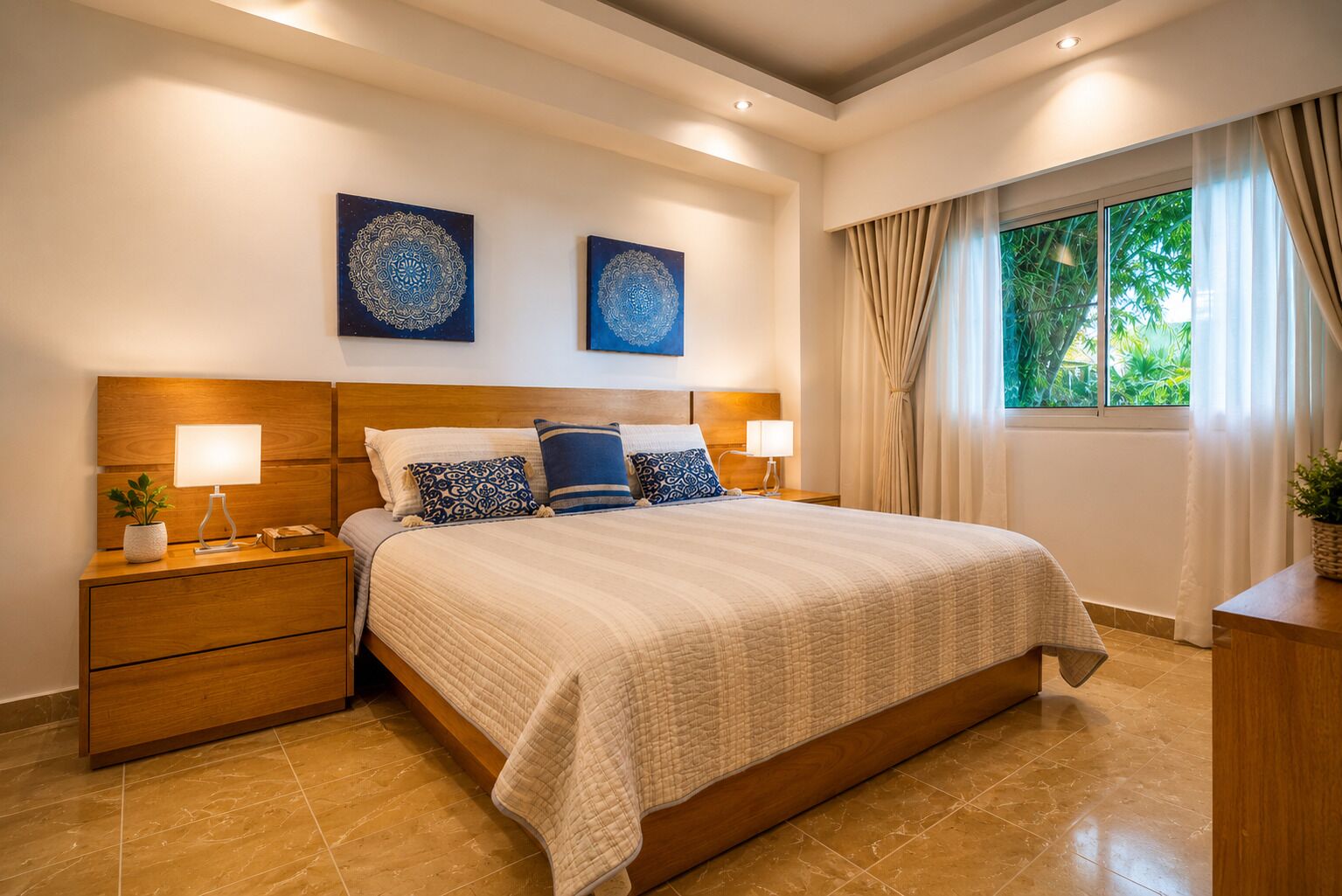 Une chambre à coucher moderne avec un grand lit, deux tables de chevet avec des lampes, une table de nuit et une fenêtre avec des rideaux.