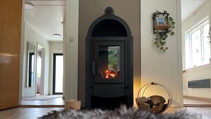 A room with a fireplace, a fur rug, and a hanging plant. - Solvang Ferienhaus mit Fjordblick & privatem Garten (Møre og Romsdal)