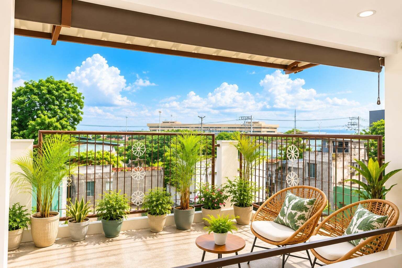 A balcony with wicker chairs, potted plants, and a view of buildings and trees.