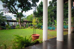 Um pátio com gramado, plantas em vasos e uma estrutura de pérgola.