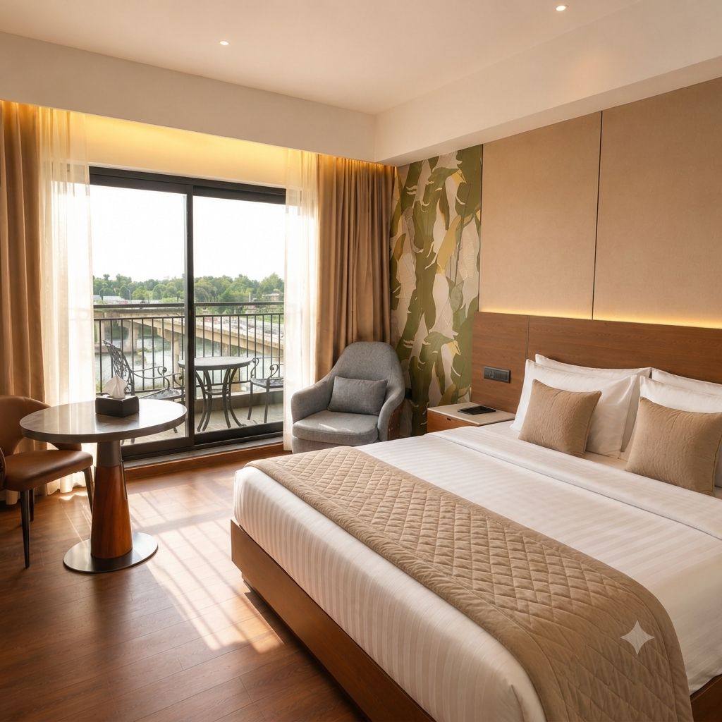 A hotel room with a large bed, a chair, a small table, and a balcony with a view.