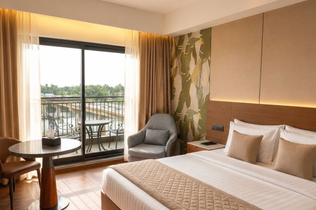 A hotel room with a large bed, a chair, a small table, and a balcony with a view.