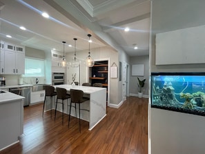 A modern kitchen with a central island, pendant lighting, and a large aquarium. - Spacious home for Large Group in Gainesviile (Gainesville)