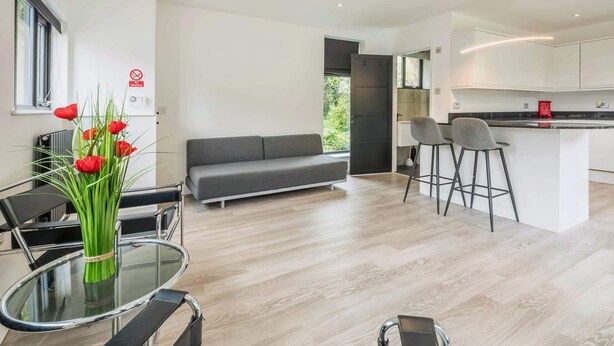 A modern living space with a sofa, a dining table with chairs, a kitchen area, and a glass table with a vase of red flowers. - Stargazing copper tub backing onto RSPB reserve (Cambridge)