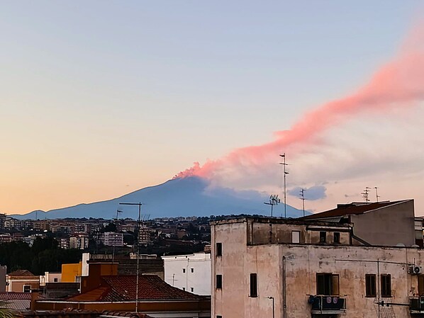 A cityscape with a mountain in the background and a pinkish haze in the sky. - HOTEL PIETRA NERA (Catania)