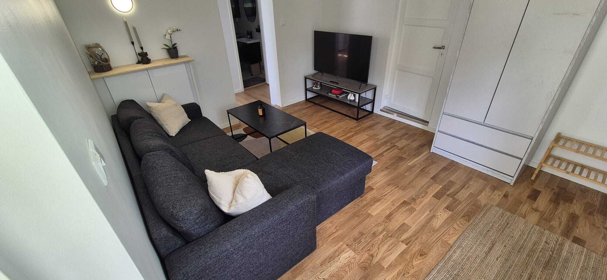 Un salon moderne avec un canapé gris foncé, une petite table basse noire et un téléviseur à écran plat posé sur un meuble noir.