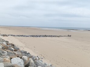Ein Strand mit felsigem Ufer und blauem Himmel.