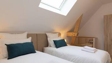 A bedroom with two beds, a skylight, and a crib.