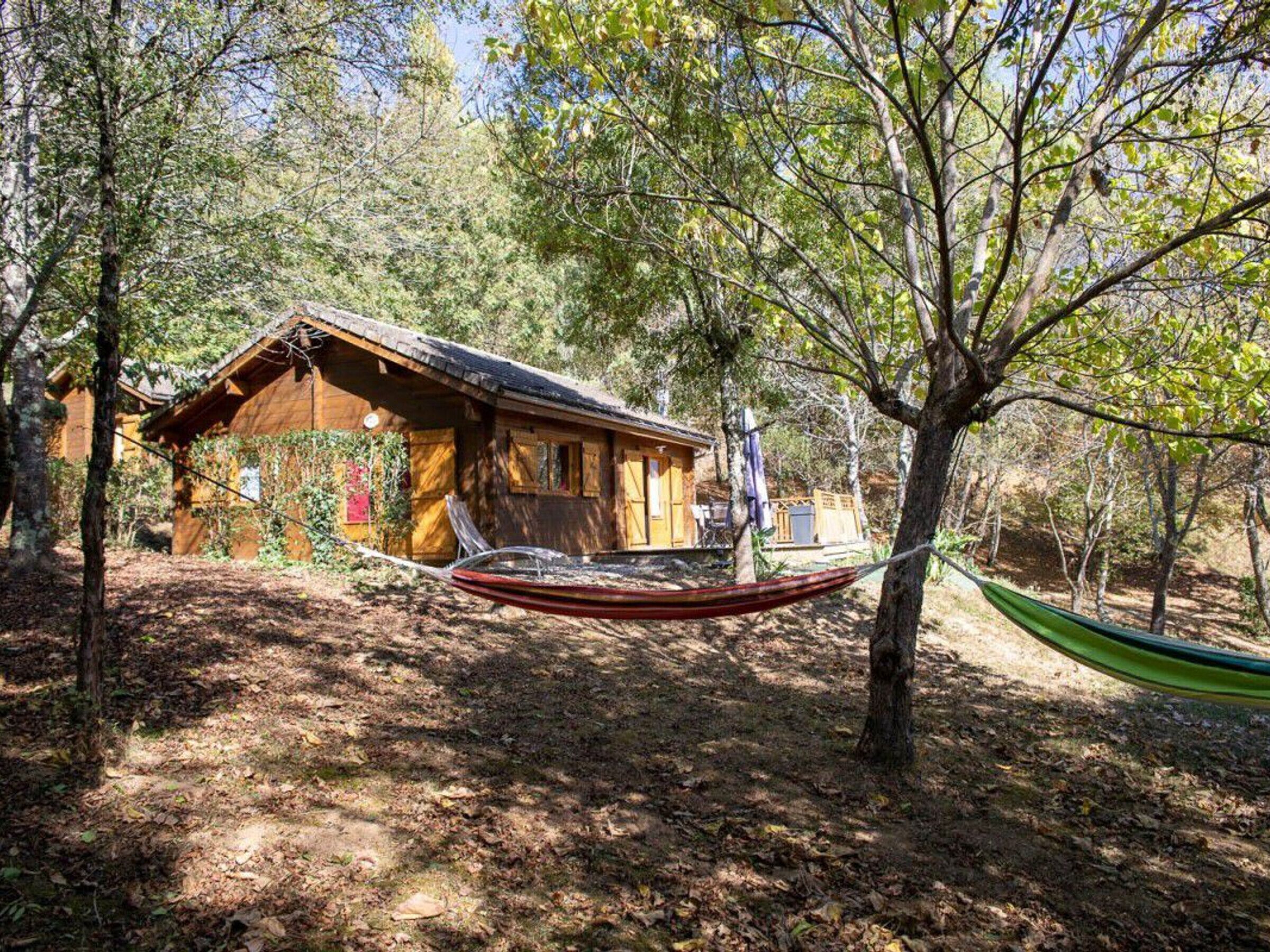 A wooden cabin with a hammock in front, surrounded by trees and a clear sky.