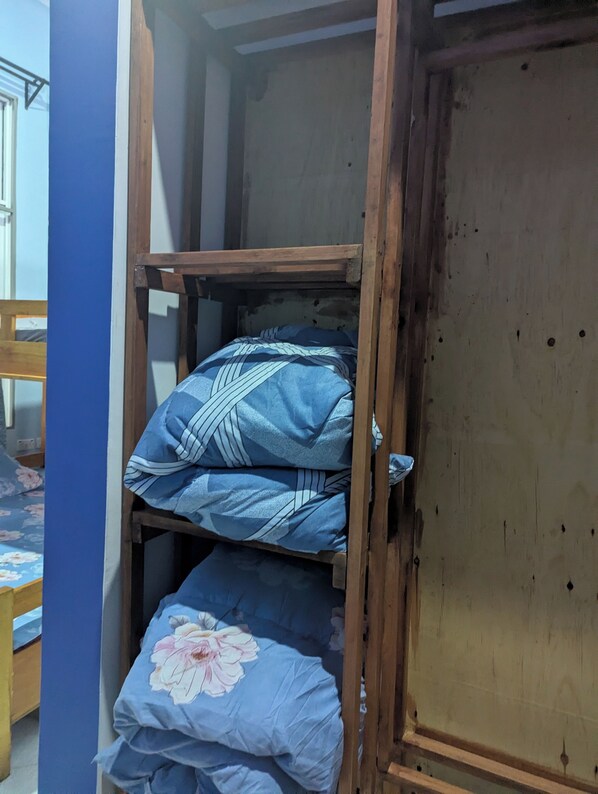 A bunk bed with blue bedding and a floral pillow, wooden headboard, and a wardrobe in the background.
