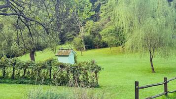 A rural landscape with a wooden fence, a small building, and a grassy field.