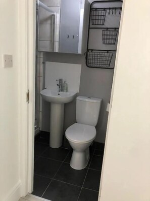 A small bathroom with a white pedestal sink, a toilet, and a wall-mounted basket rack. - Stylish 2 BR Queens Quarter Ground Floor Apartment (Belfast)