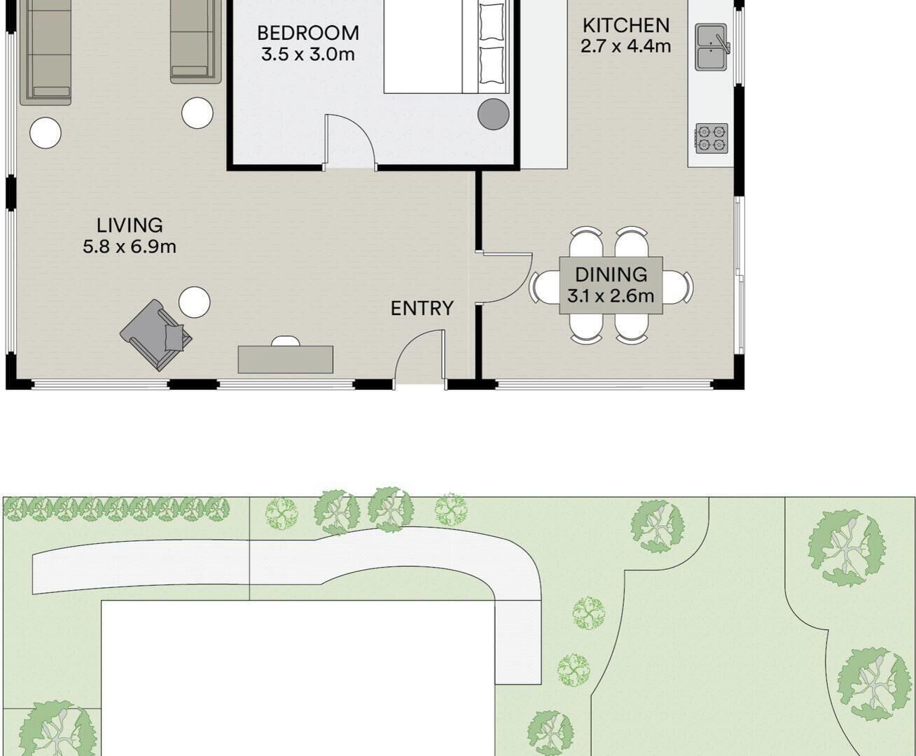 Een plattegrond met een woonkamer, eetgedeelte, keuken en slaapkamer.