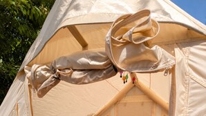 Una tenda amb un llit, una taula petita i un cubell de brossa.