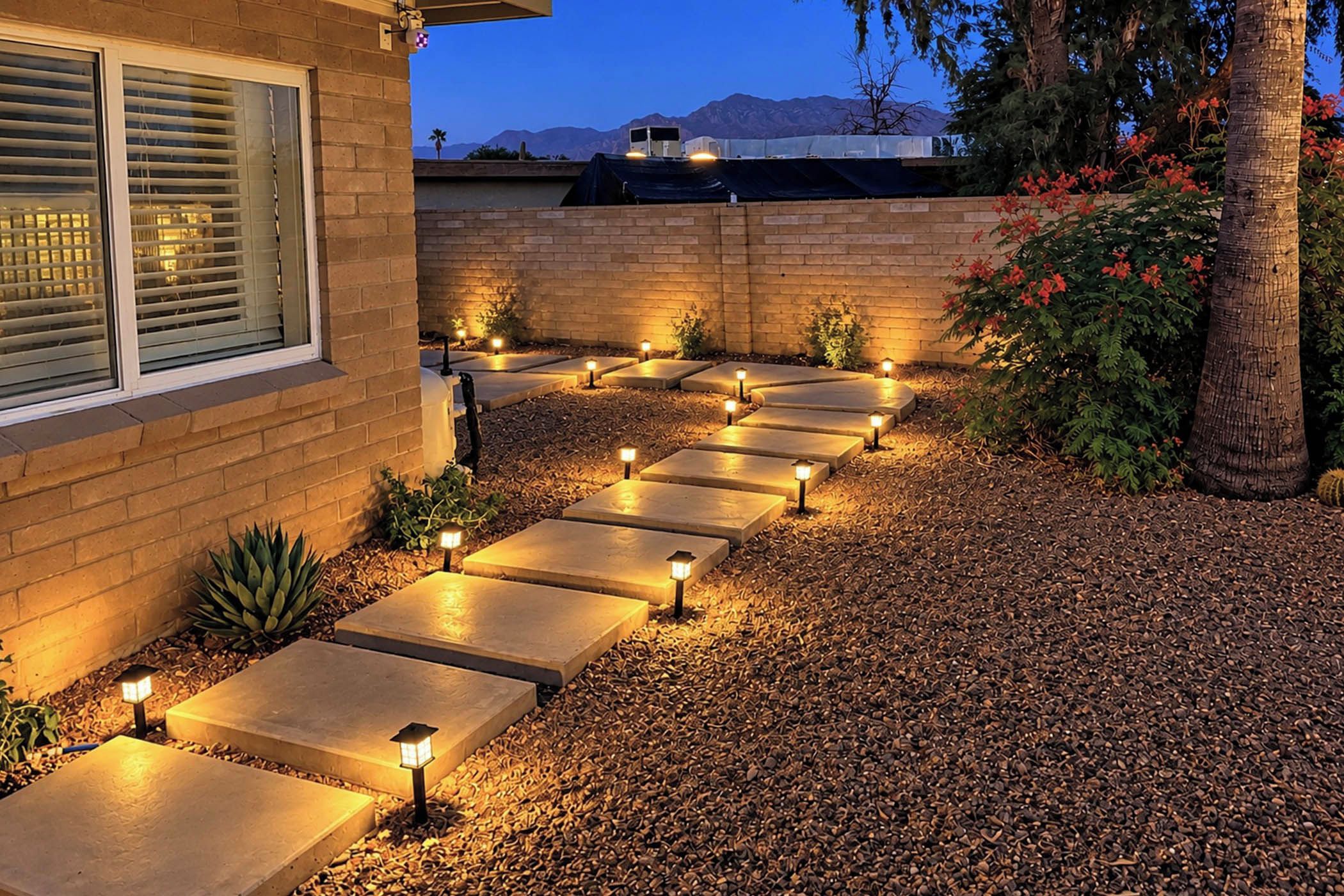 A pathway with illuminated posts leading to a building with a brick facade.