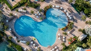 Eine Vogelperspektive auf ein Resort mit einem herzförmigen Pool, umgeben von Palmen und Liegestühlen.