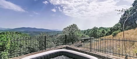 Un jacuzzi rodeado por una valla metálica, con vistas a montañas y vegetación distantes.