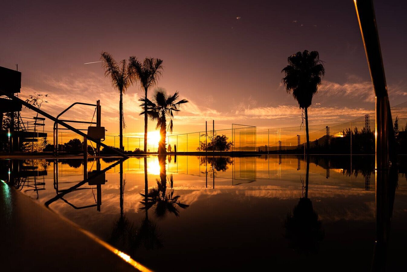 Een rustige zonsondergang boven kalm water, met palmbomen en een heldere lucht.
