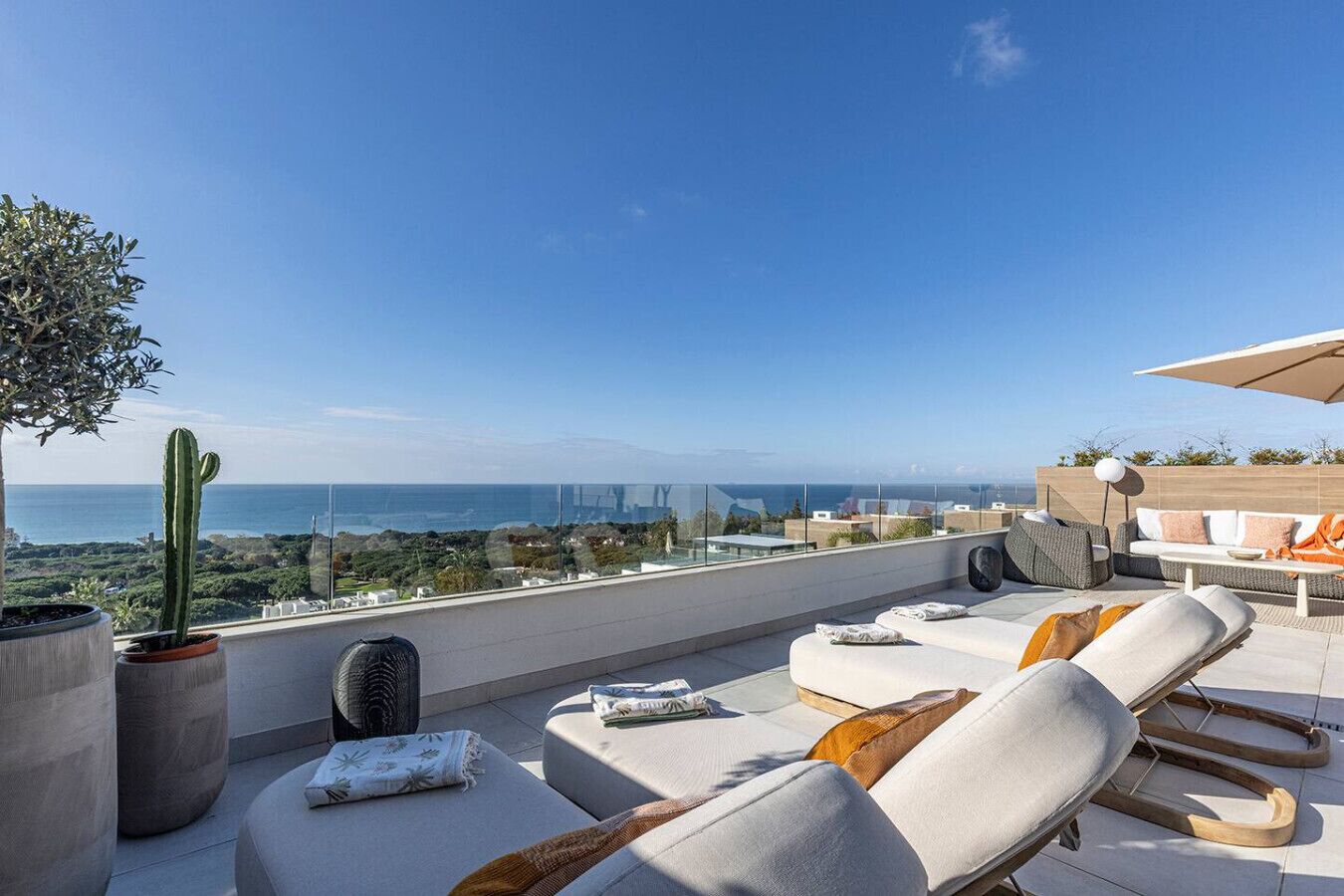 Une terrasse sur le toit, avec des sièges, un cactus et une vue sur la mer.