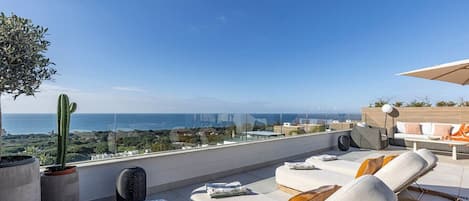 Une terrasse sur le toit, avec des sièges, un cactus et une vue sur la mer.