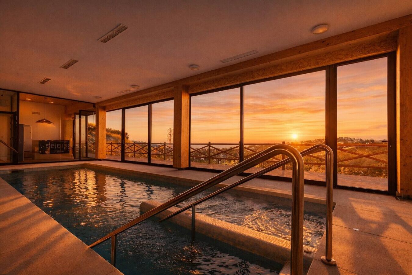 An indoor swimming pool with a sunset view through large windows.