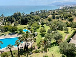 A pool surrounded by palm trees and greenery, with a view of the sea and distant mountains. - Marbella La Ola: 9th floor (Marbella)