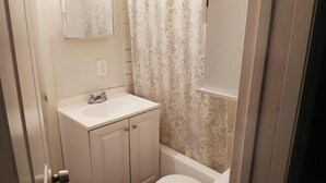 A bathroom with a toilet, sink, and shower area.