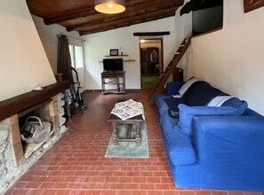 A living room with a blue sofa, a small table with a tablecloth, a fireplace, and a television on a stand. - Apartment surrounded by NATURE—Quiet and COOL!!! (Tende)