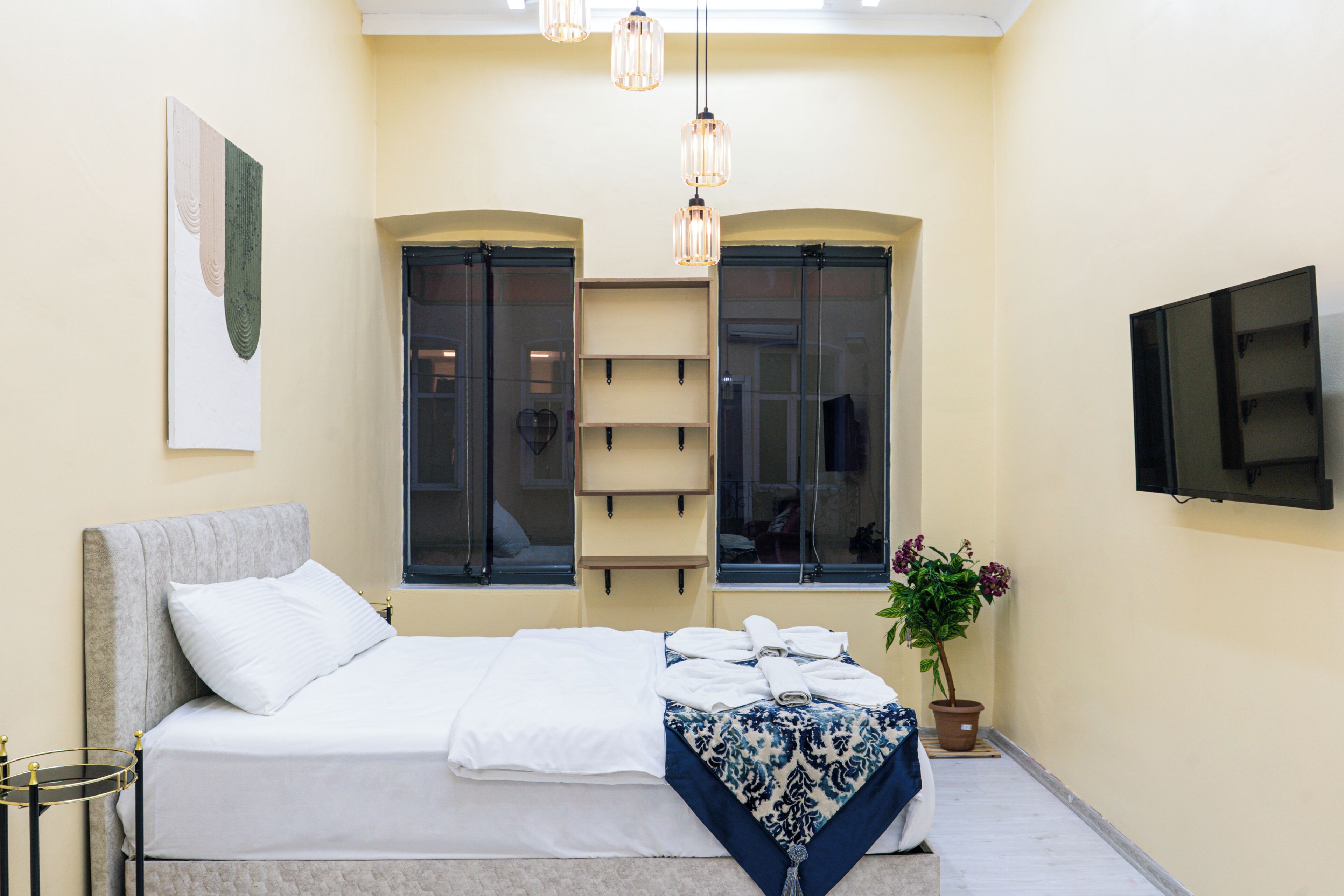 A bedroom with a bed, a bedside table, a potted plant, and a TV mounted on the wall.