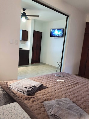 A hotel room with a bed, a television on the wall, a ceiling fan, and a view of the adjacent room. - Marina Loft #103, 1 Floor (Sardinal)