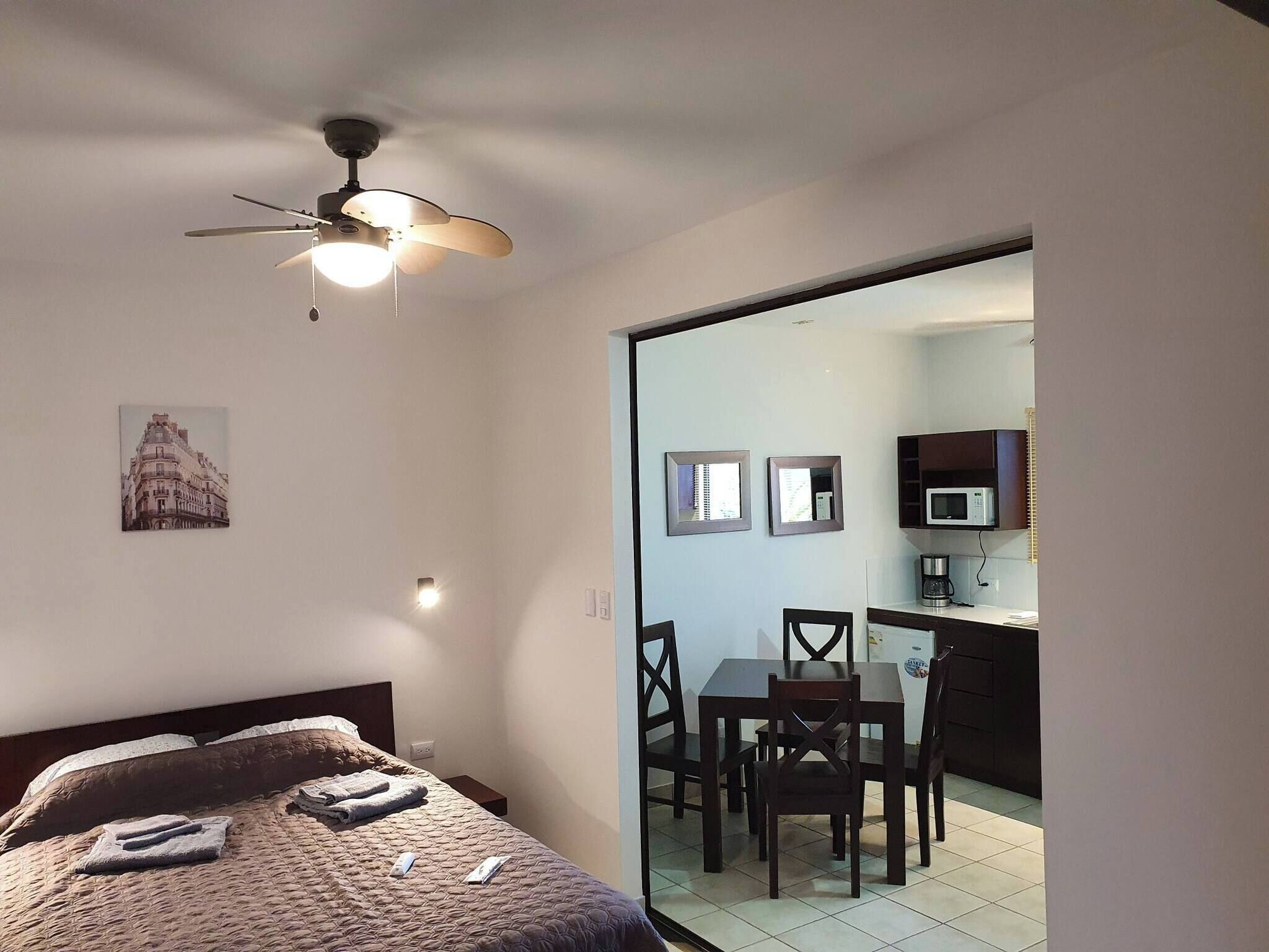 Une chambre à coucher avec un lit, un ventilateur de plafond et un tableau accroché au mur.