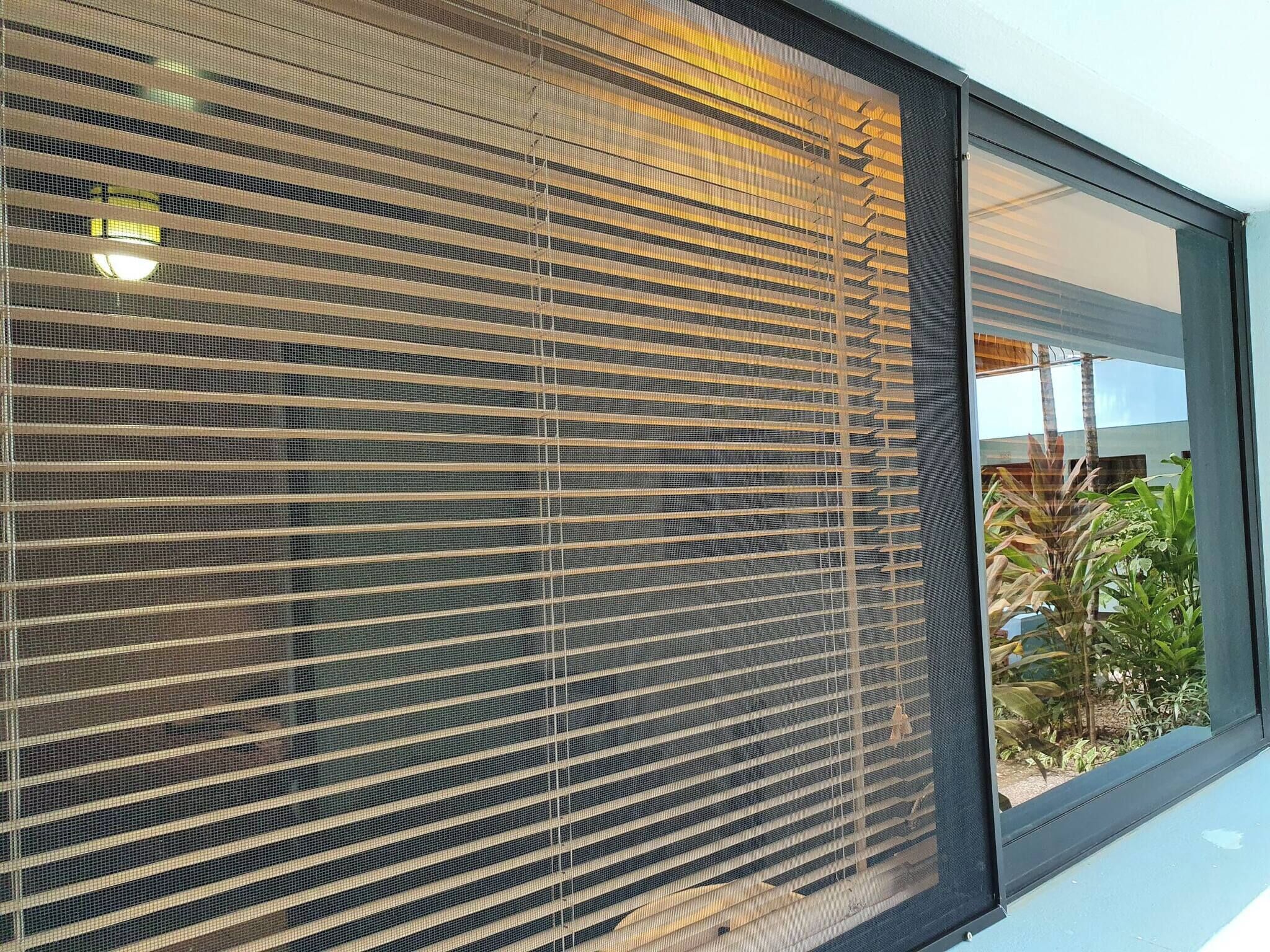 A window with horizontal blinds, a visible plant outside, and a reflection of a building.