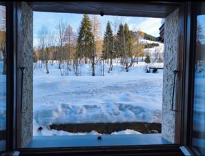Blick aus dem Fenster auf eine verschneite Landschaft mit Bäumen und einem Gebäude im Hintergrund.