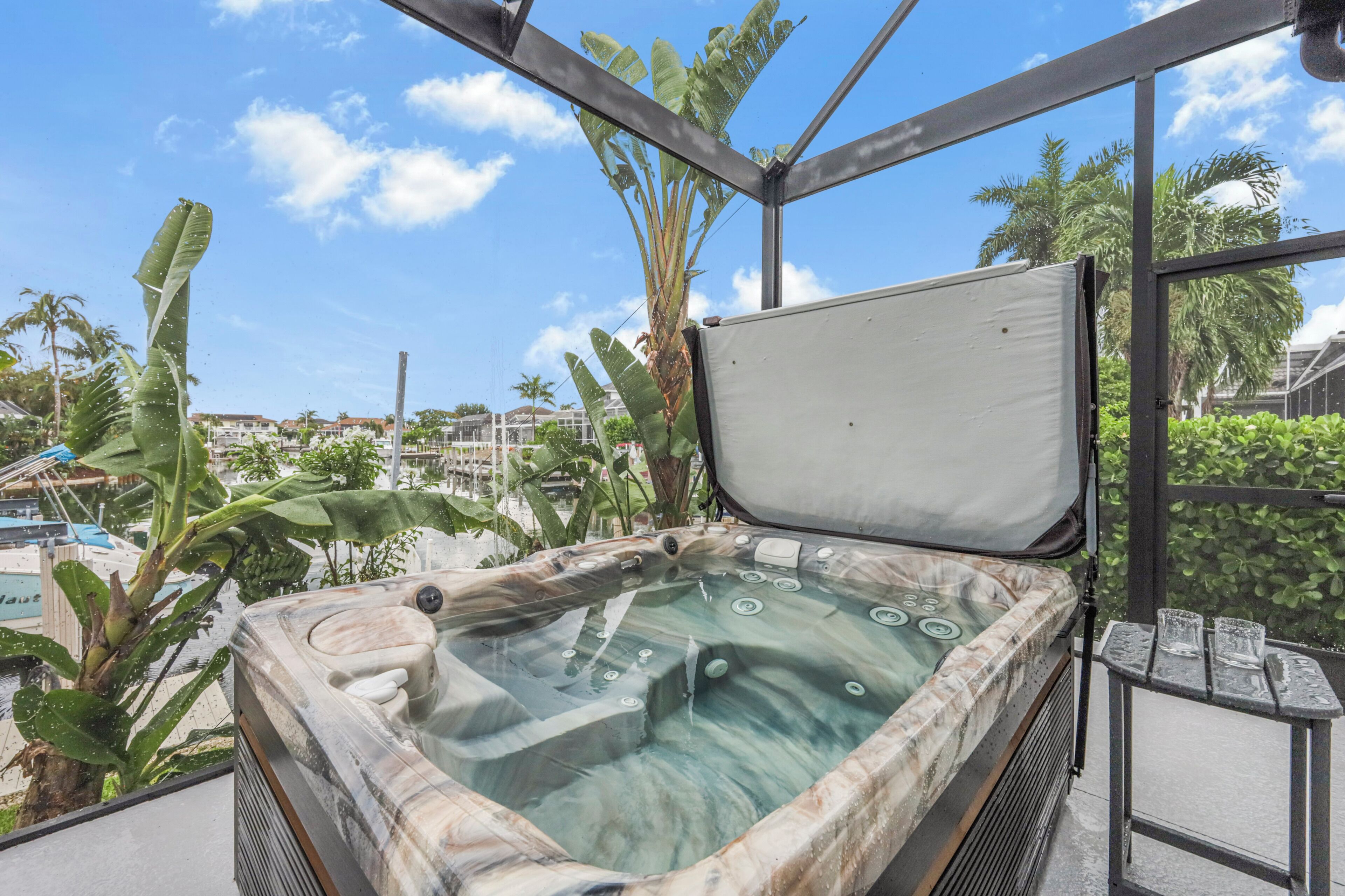 A hot tub with a glass enclosure, surrounded by tropical plants and a clear sky.