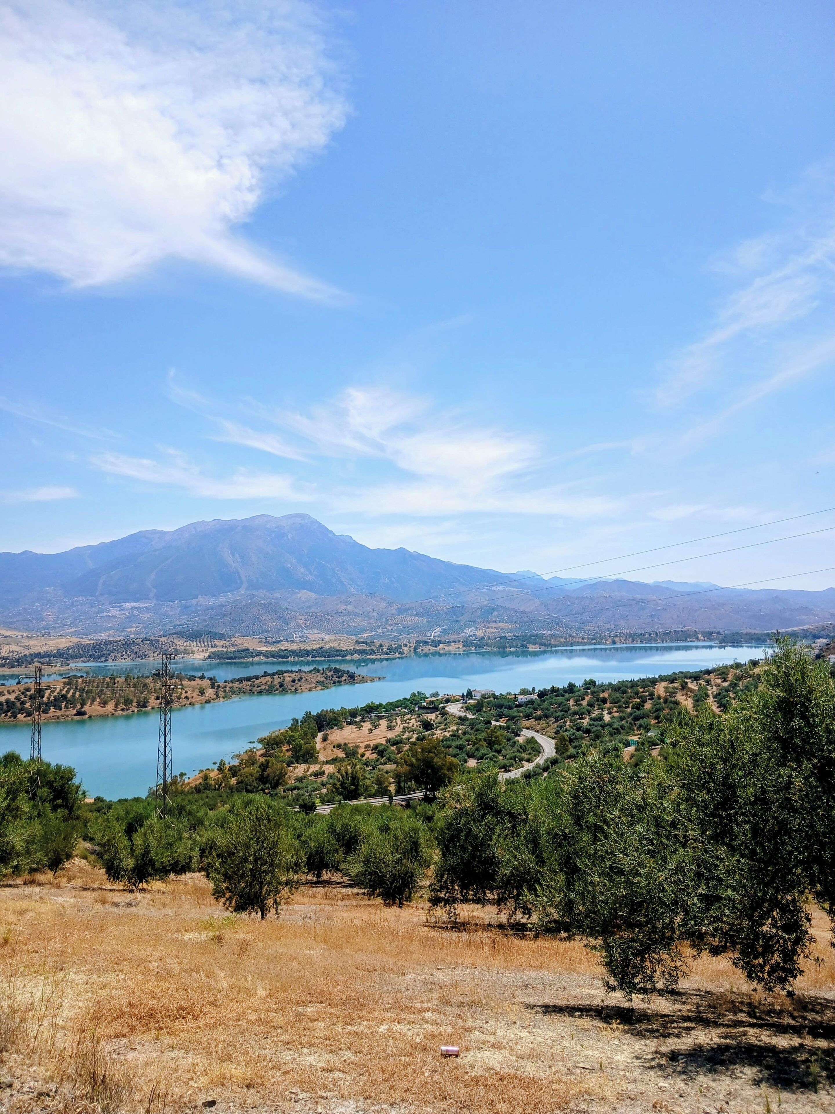 Paisagem montanhosa com um lago, árvores e linhas de energia.