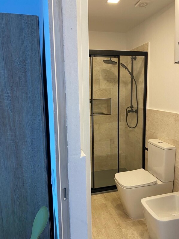 Un baño con cabina de ducha de vidrio, inodoro y bidé.