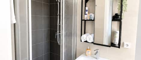 A modern bathroom with a glass-enclosed shower, a white sink, and a mirror with a shelf above it.