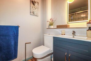 A bathroom with a white toilet, a blue towel, a mirror, and a shelf with a plant and a basket. - Skylark (Liskeard)
