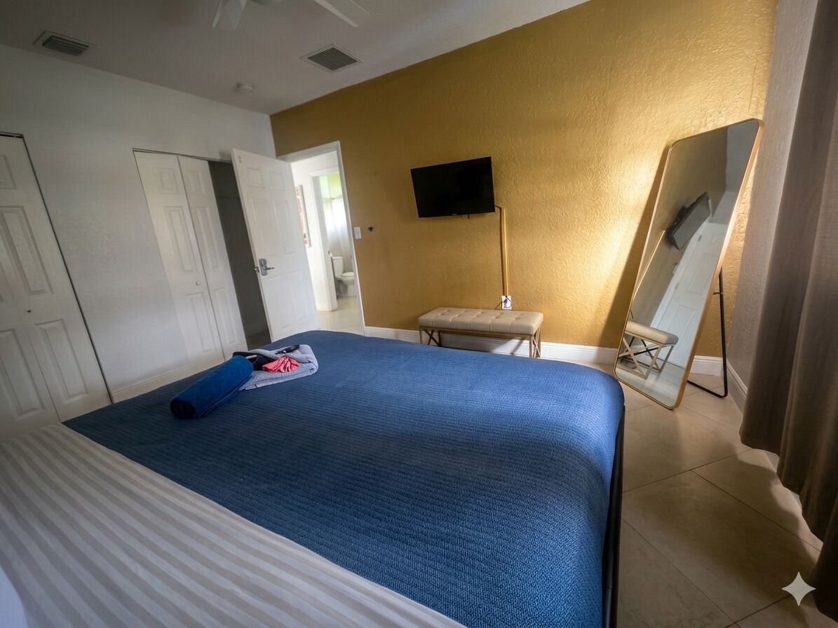 Une chambre d’hôtel avec un lit, une télévision, un miroir et une porte.