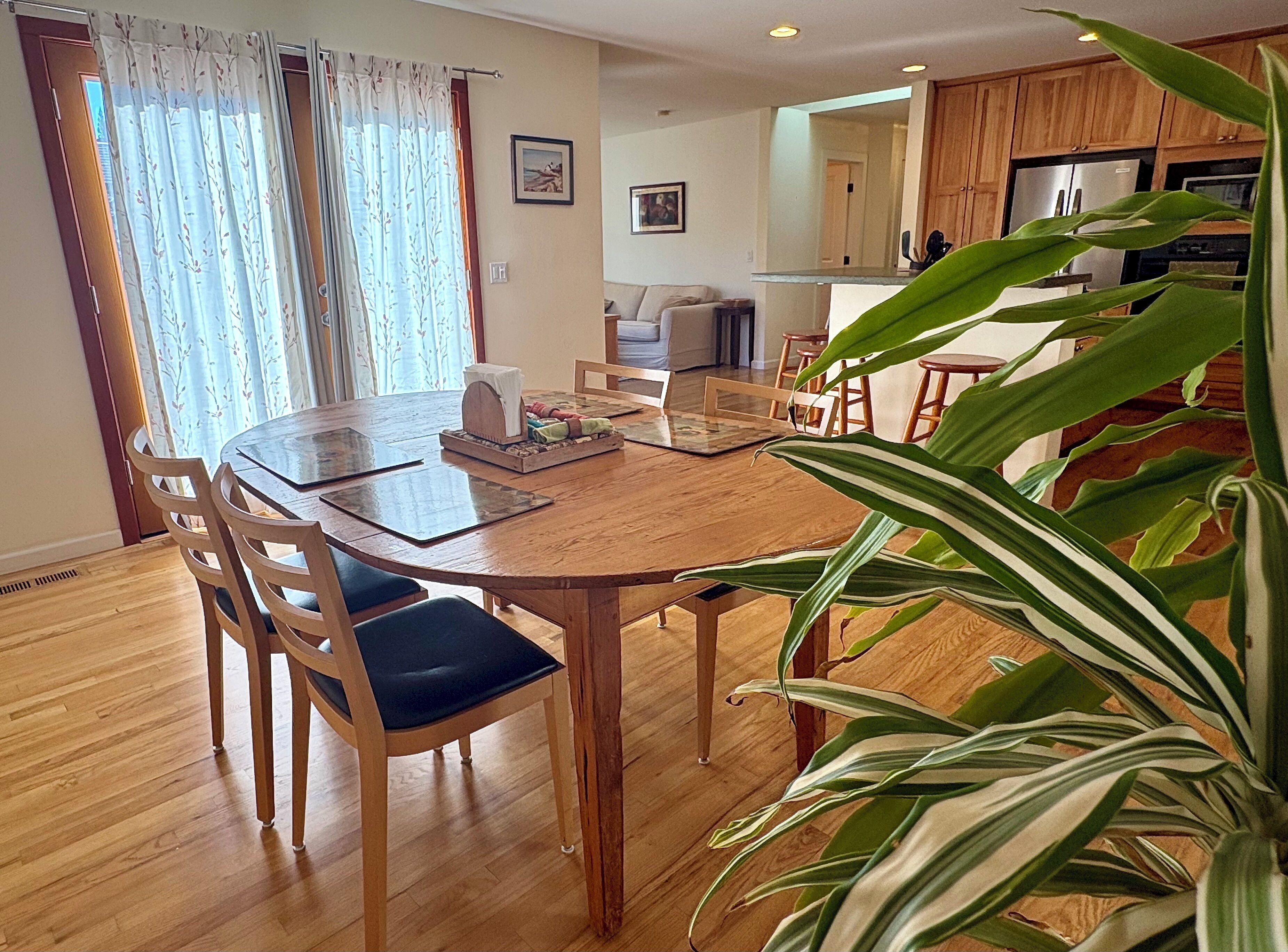 A dining area with a wooden table and chairs, a kitchen in the background, and a large potted plant.