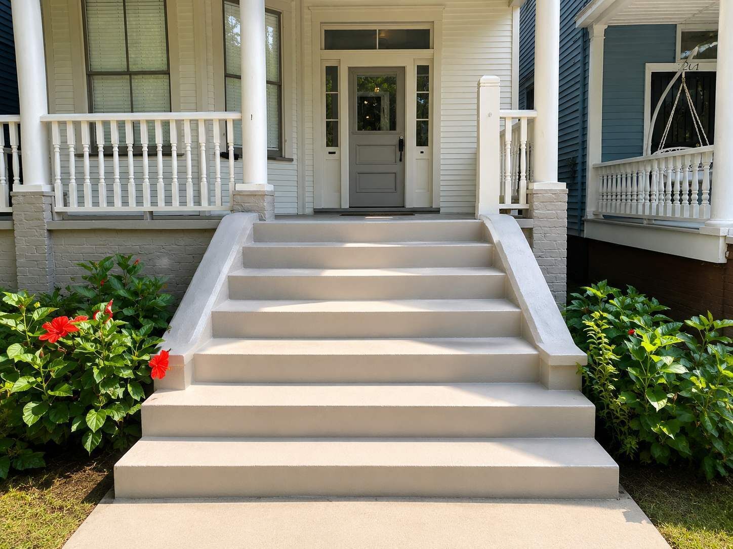 A front view of a house with a set of beige steps leading to a white door, flanked by white railings and green plants.